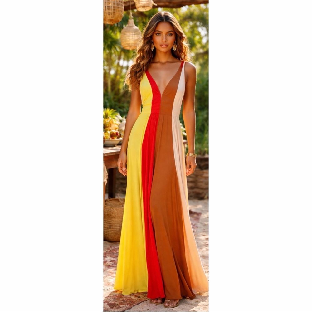 NWT Anne Fernandes Colorblock Tropical Maxi Open Back Dress Size Medium